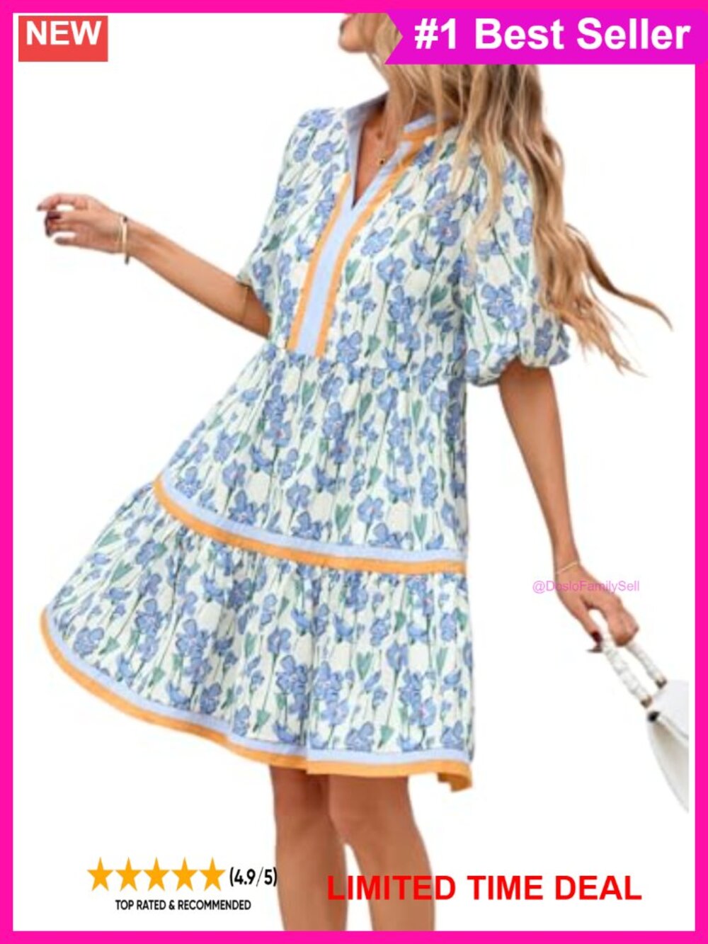 Women's Floral Babydoll Mini Dress V Neck Puff Sleeve Cotton Sundress